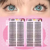 A close-up of a pair of eyes showing false eyelashes and a product display box with lash strips.