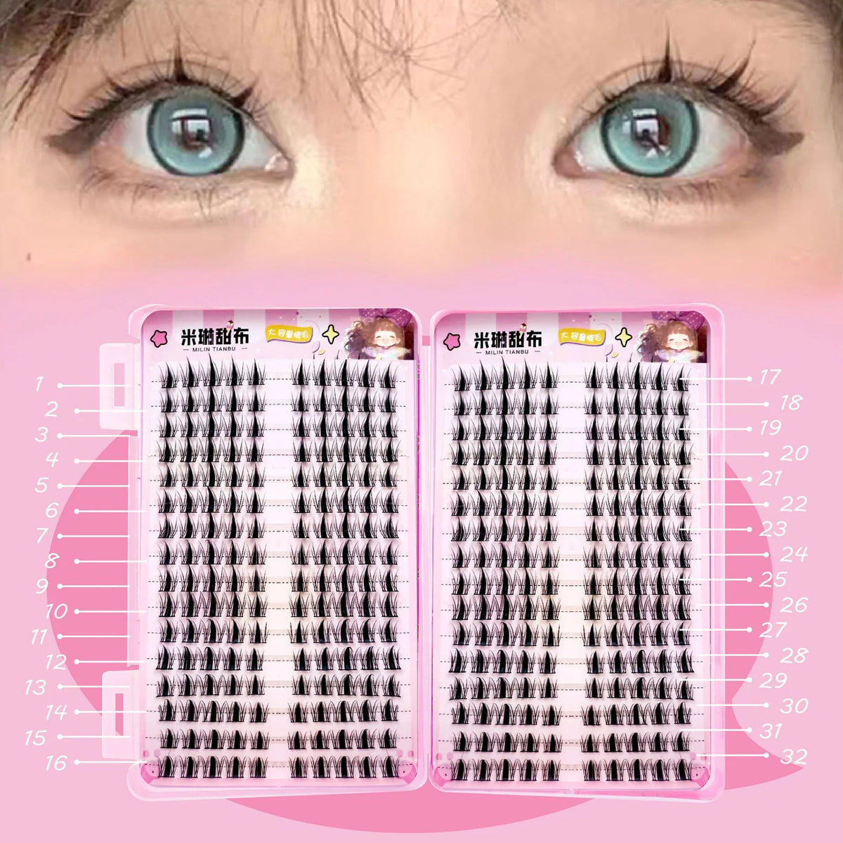 A close-up of a pair of eyes showing false eyelashes and a product display box with lash strips.
