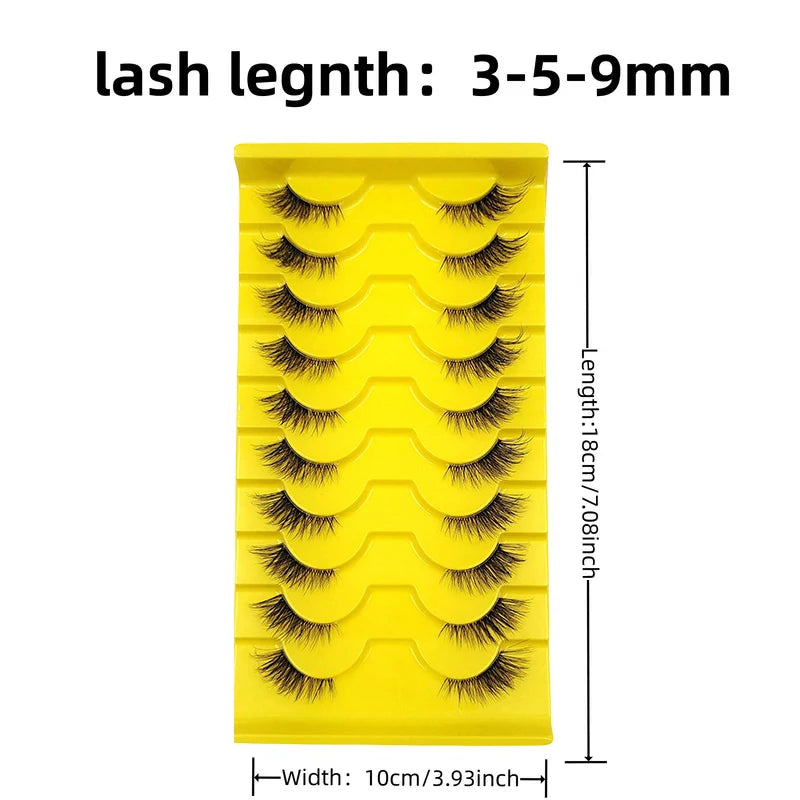 A yellow plastic tray containing 10 pairs of wispy cat eye false eyelashes with lengths ranging from 3 to 9 mm.