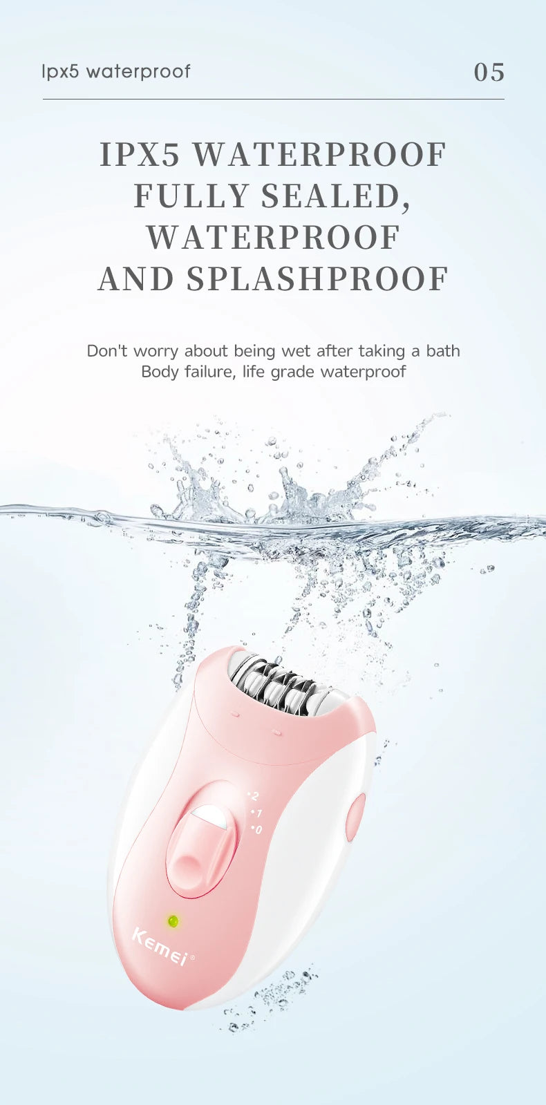 A pink electric body epilator device is shown splashing water, emphasizing its IPX5 waterproof and splashproof features.