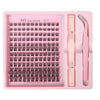 A pink DIY lash extension kit featuring bond, seal, and remover tools and numerous false lashes.