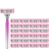 A collection of pink and silver safety razor blades, including a handle and multiple razor heads.
