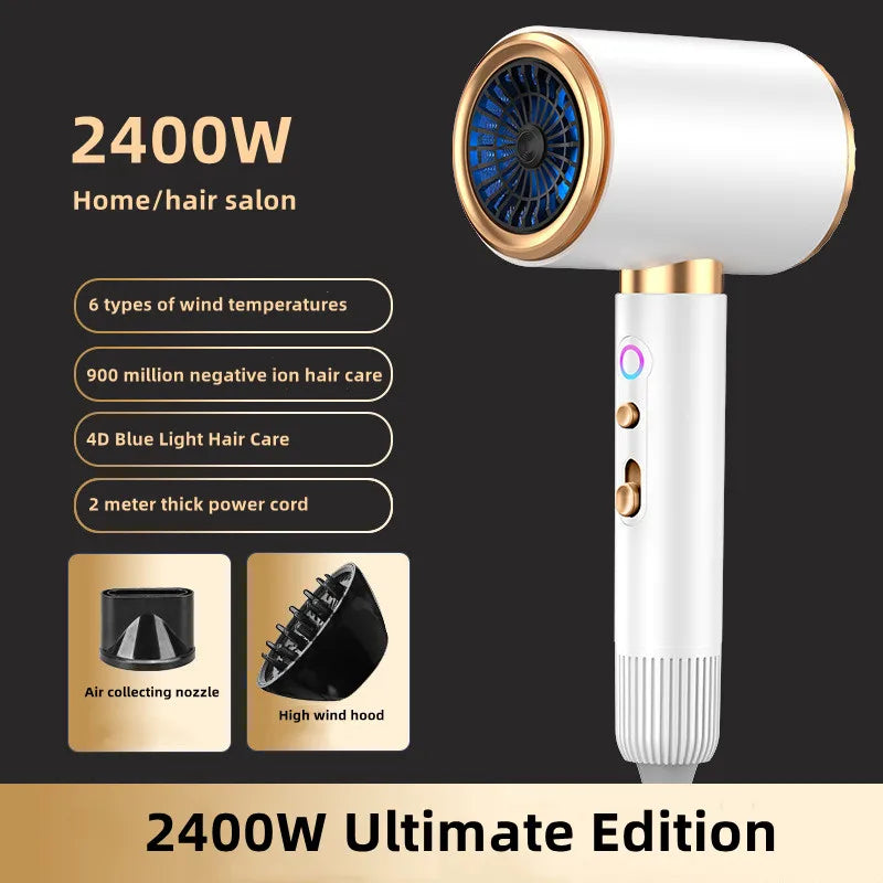 A white professional high-speed hair dryer with a gold accent, shown against a dark background.