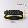 Black hair braiding brush with yellow stripes, measuring 15.50cm long and 5cm high, weighing 30g.