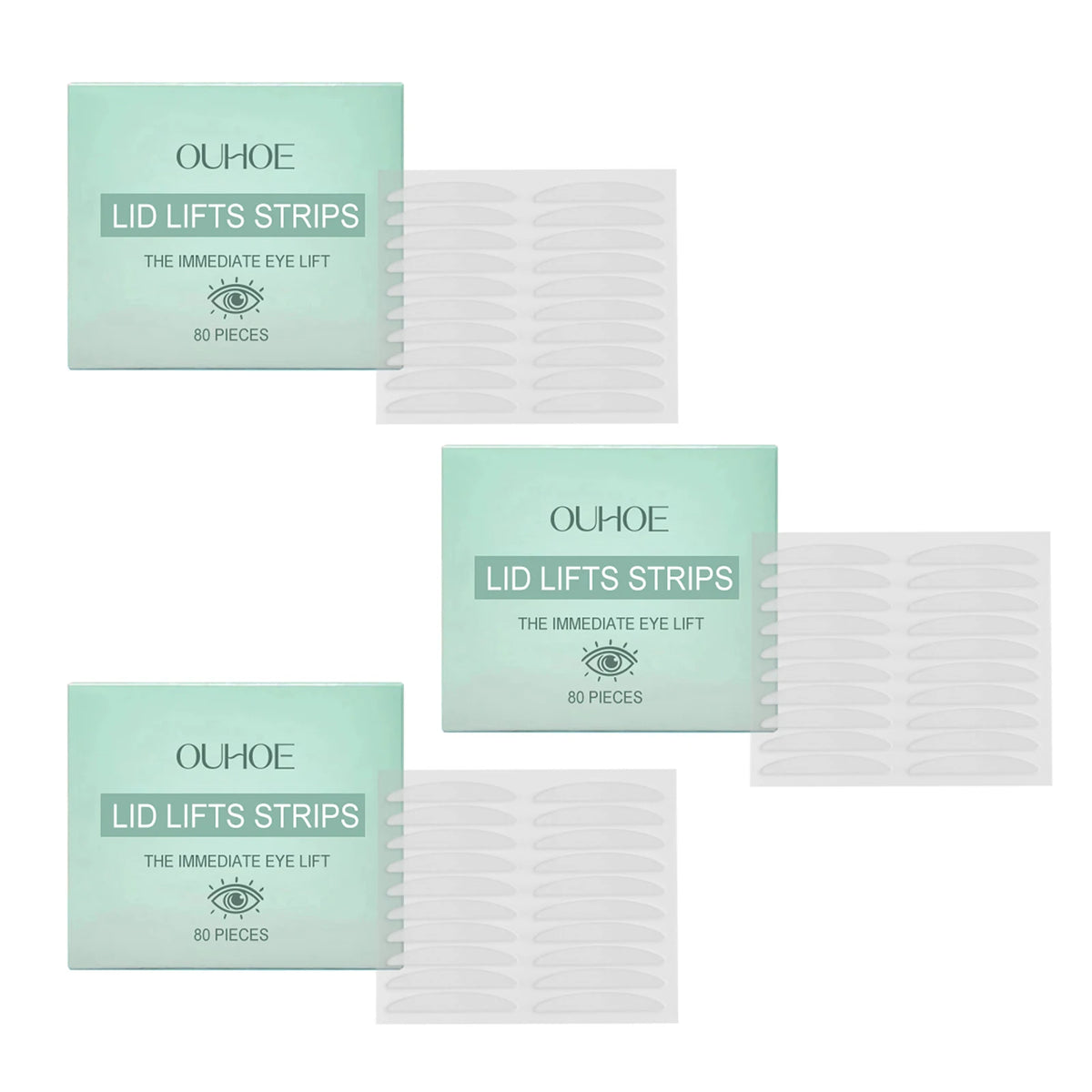 Boxed strips of adhesive eyeliner used for an eyelid lift, packaged in light green and white.