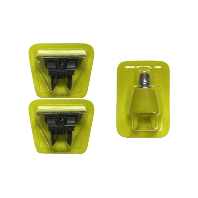 Two replacement shaver blades for electric trimmers, one black and one clear, set in yellow plastic holders.