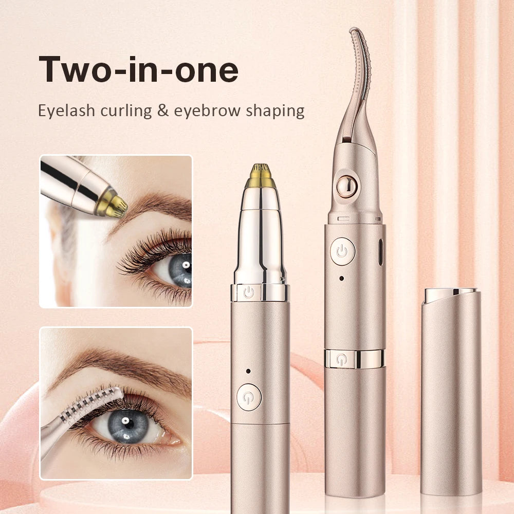 A rose gold two-in-one electric heated eyelash curler and eyebrow shaping tool shown in various angles.