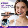 A woman holds a black electric toothbrush with blue bristles, demonstrating its high frequency vibration and pulse feature.