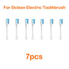 Seven replacement blue bristles for an Ocean electric toothbrush.