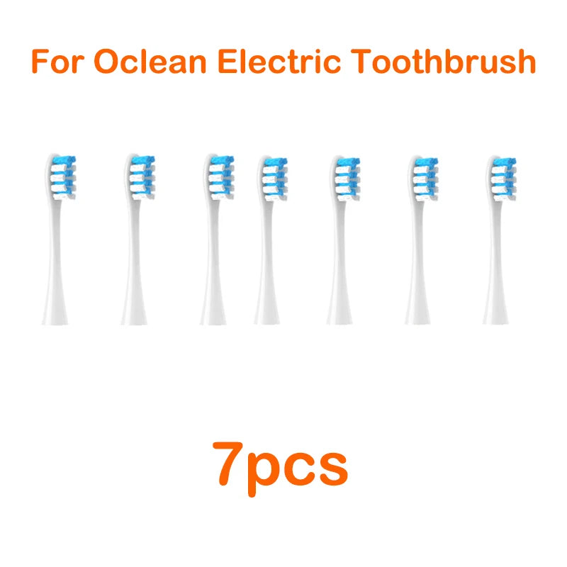 Seven replacement blue bristles for an Ocean electric toothbrush.