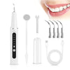 A white electric dental scaler device with various tips and a charging cable shown for oral bacteria removal.