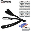 A set of folding straight razors and blades with various sizes for precision shaving.