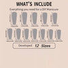 Diagram showing the various sizes and dimensions included in a DIY manicure set of pink French ballet press-on nails