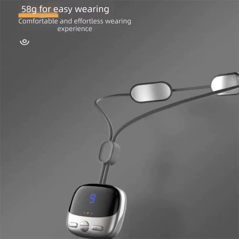 A close-up view of a handheld massager device with a flexible arm, designed for easy wearing.