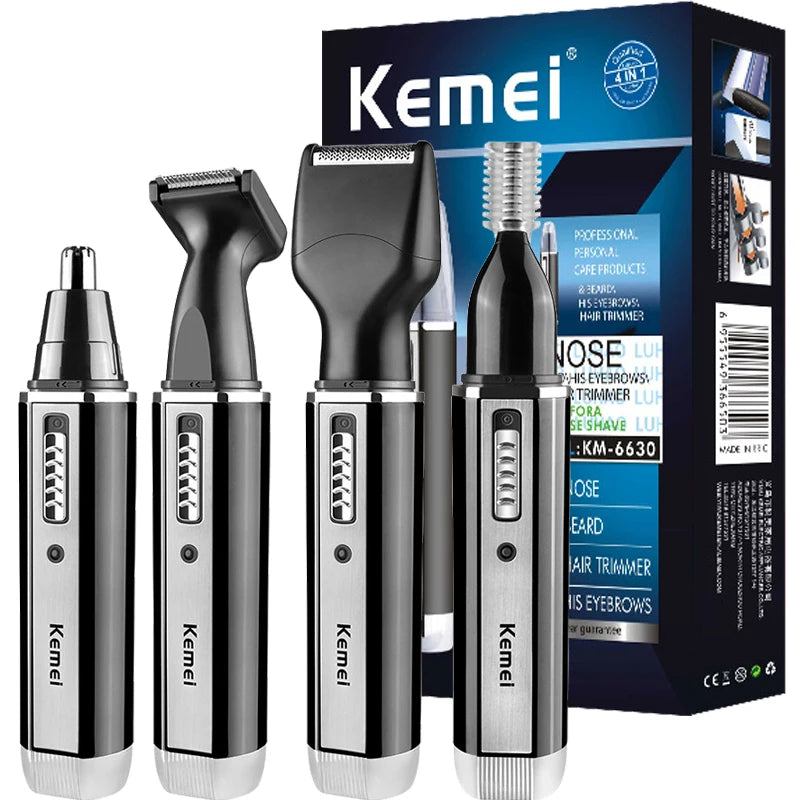 A set of three Kemel rechargeable hair trimmers for nose, ear, and eyebrows displayed in a box.
