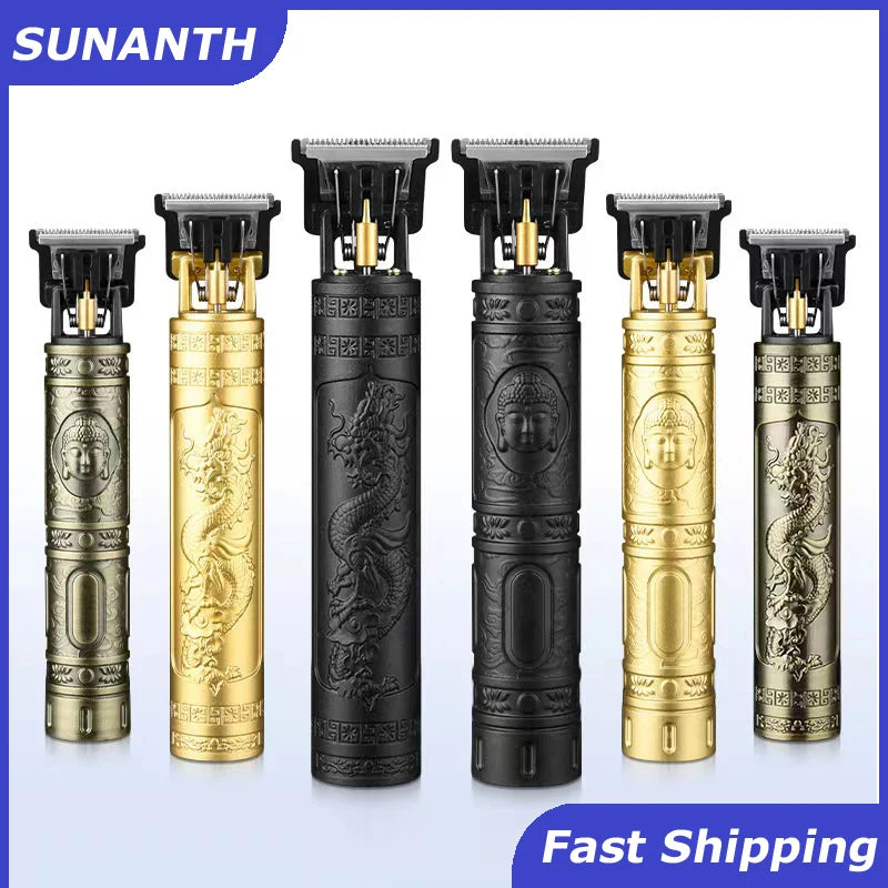 A set of five vintage cordless hair cutting and trimmer attachments in gold and black finishes.