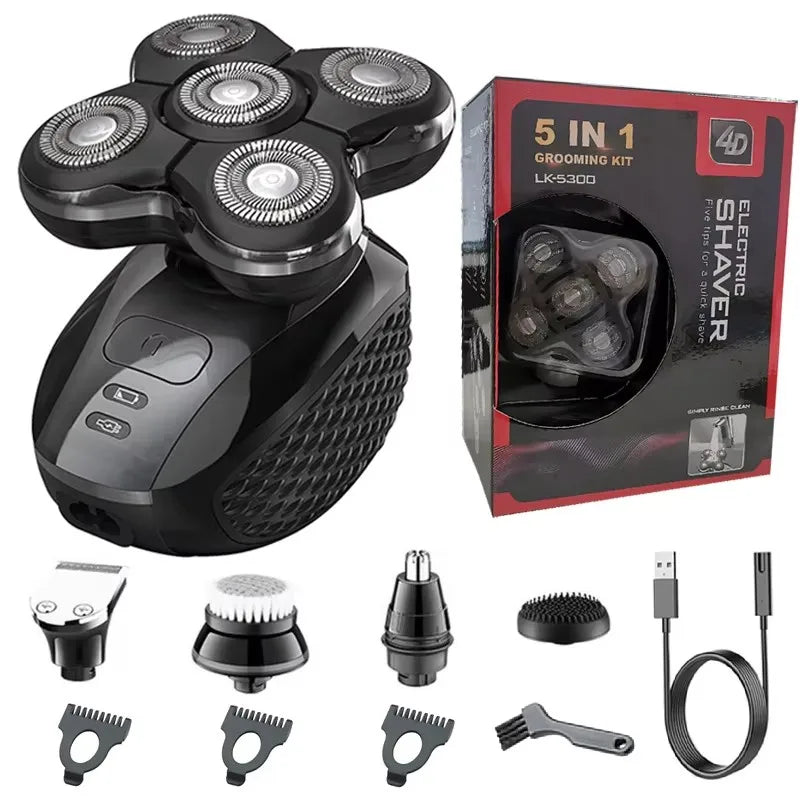 Kit de afeitadora eléctrica negra con varios accesorios y una caja.