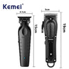 A black professional cordless hair clipper with a guard, shown next to its dimensions.