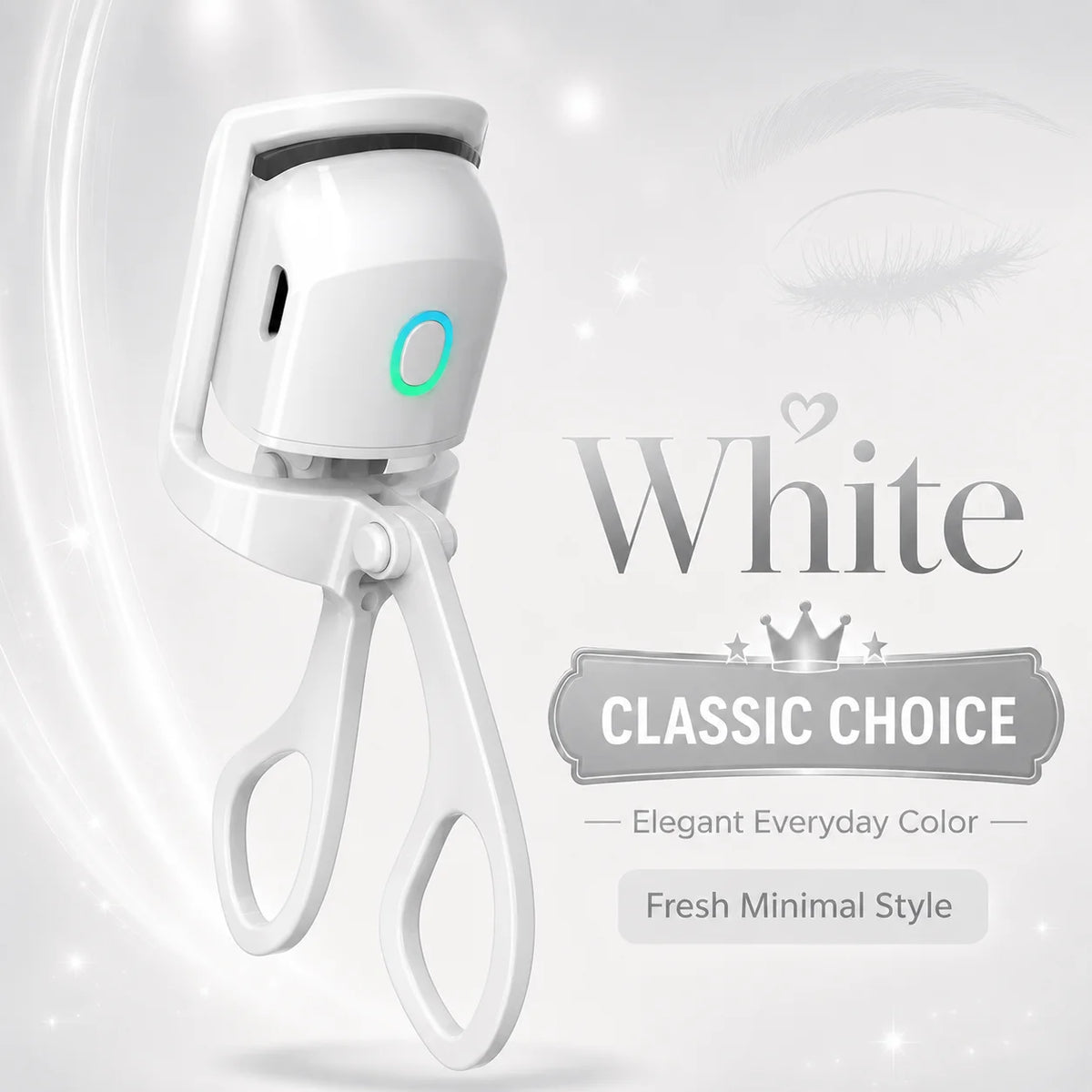 A white electric heated eyelash curler with a glowing blue light, presented as a classic choice.