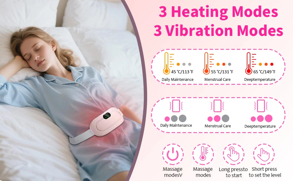 A woman is lying in bed wearing a pink portable heated massage belt for pain relief.
