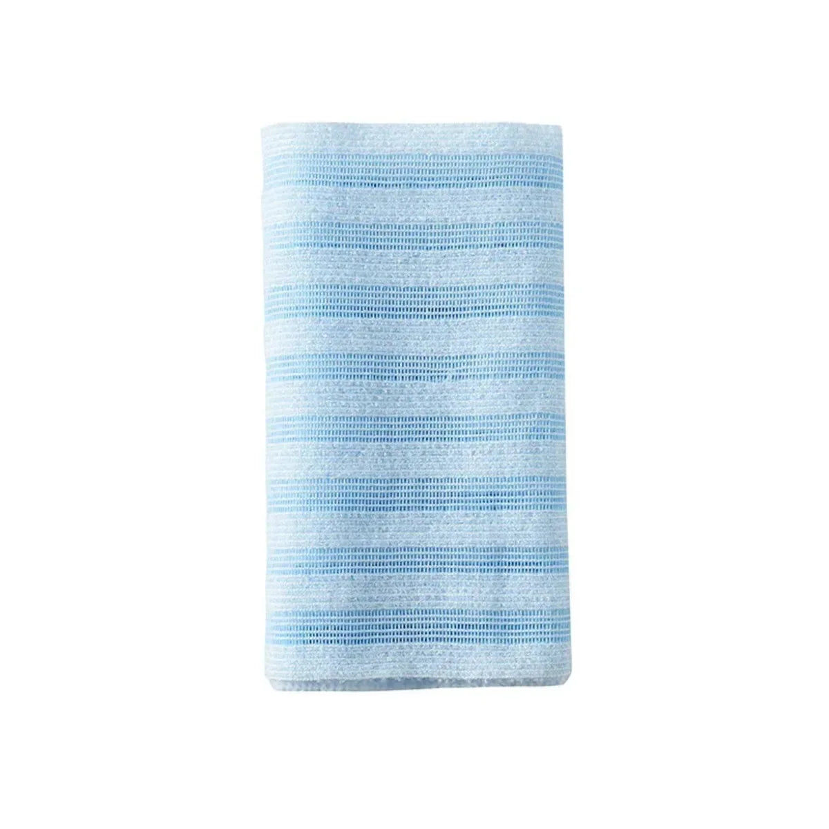 A cylindrical blue loofah body scrubber for exfoliation.
