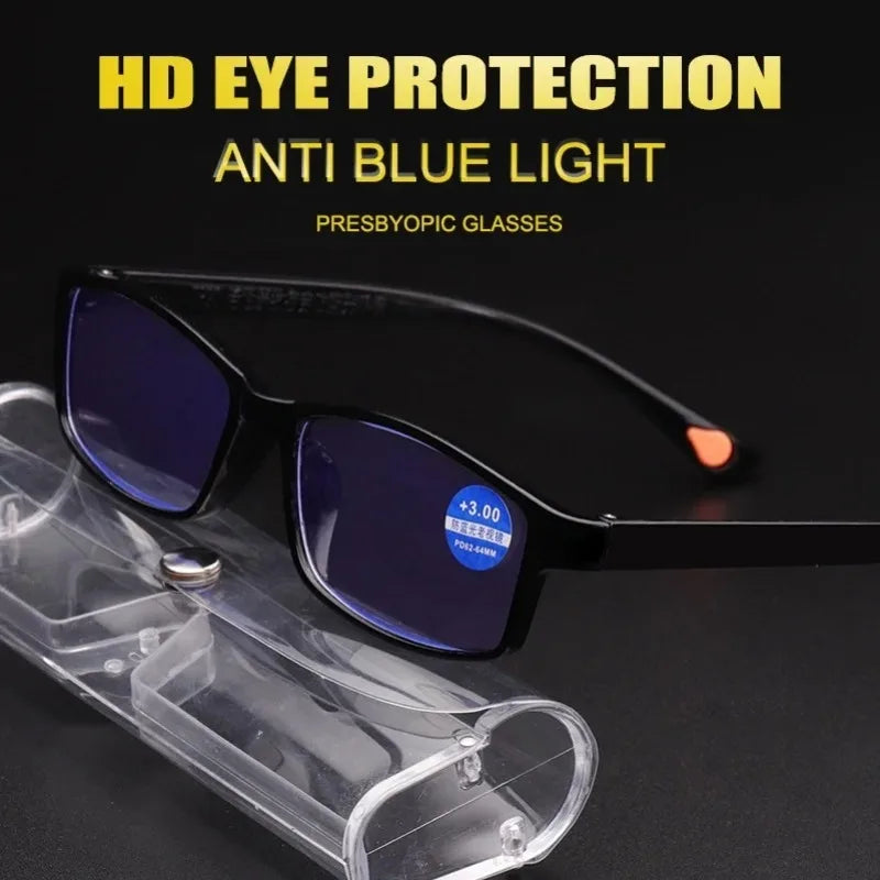 A pair of black anti blue light presbyopic glasses with purple lenses resting in a clear plastic case.
