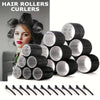 A collection of black hair rollers and curlers are displayed next to a woman's head.