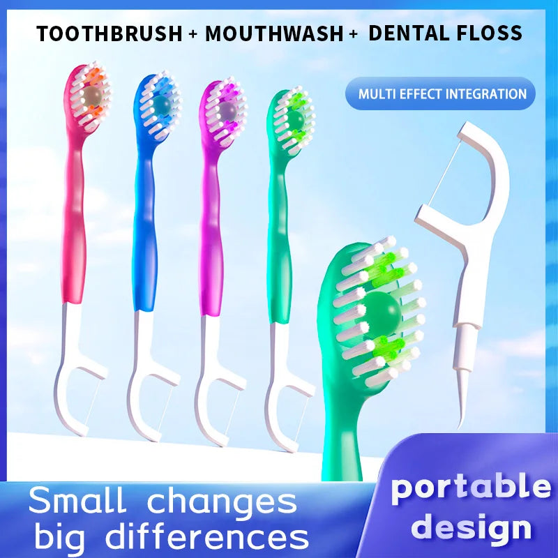 A collection of toothbrushes, mouthwash, and dental floss tools in various colors demonstrating multi-effect integration.