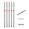 A set of five diamond nail drill bits, measuring 1.8x9.8mm, for professional manicures.
