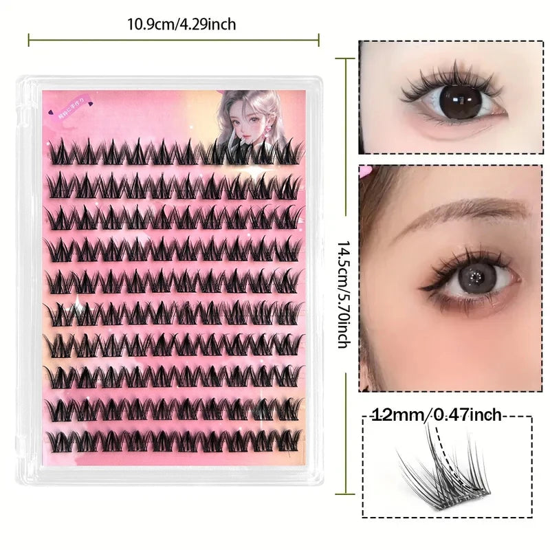 A package of black cluster self-adhesive dog-style eyelashes with various lengths displayed alongside usage examples.