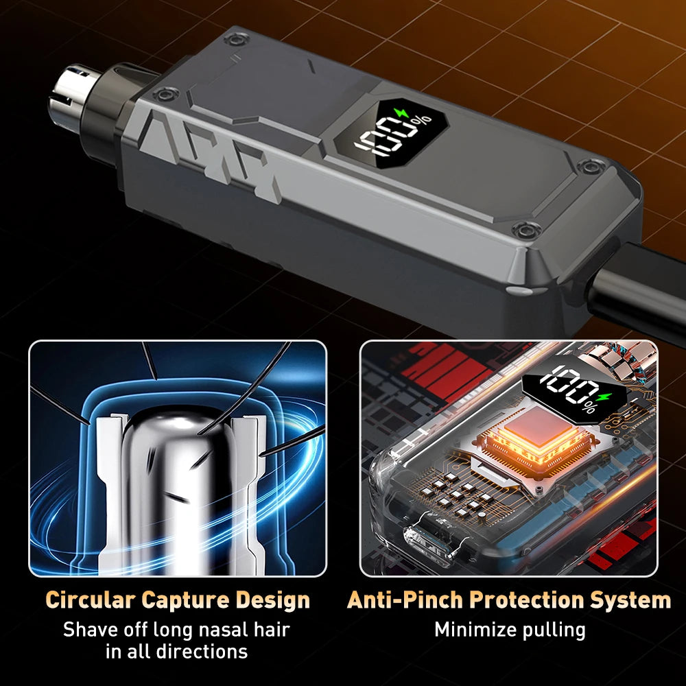 A portable electric nose hair trimmer with a circular capture design and anti-pinch protection system.