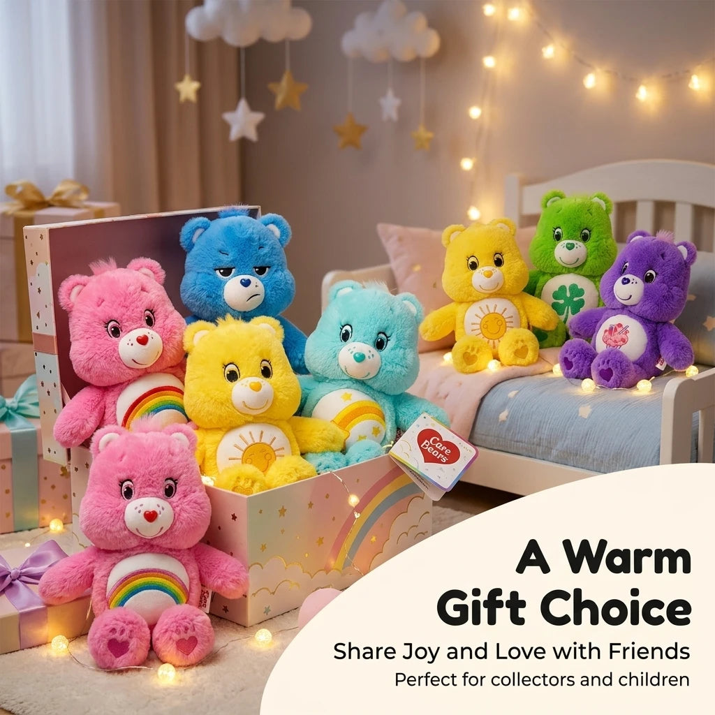 A collection of colorful Care Bears plush toys displayed on a wooden box with string lights.