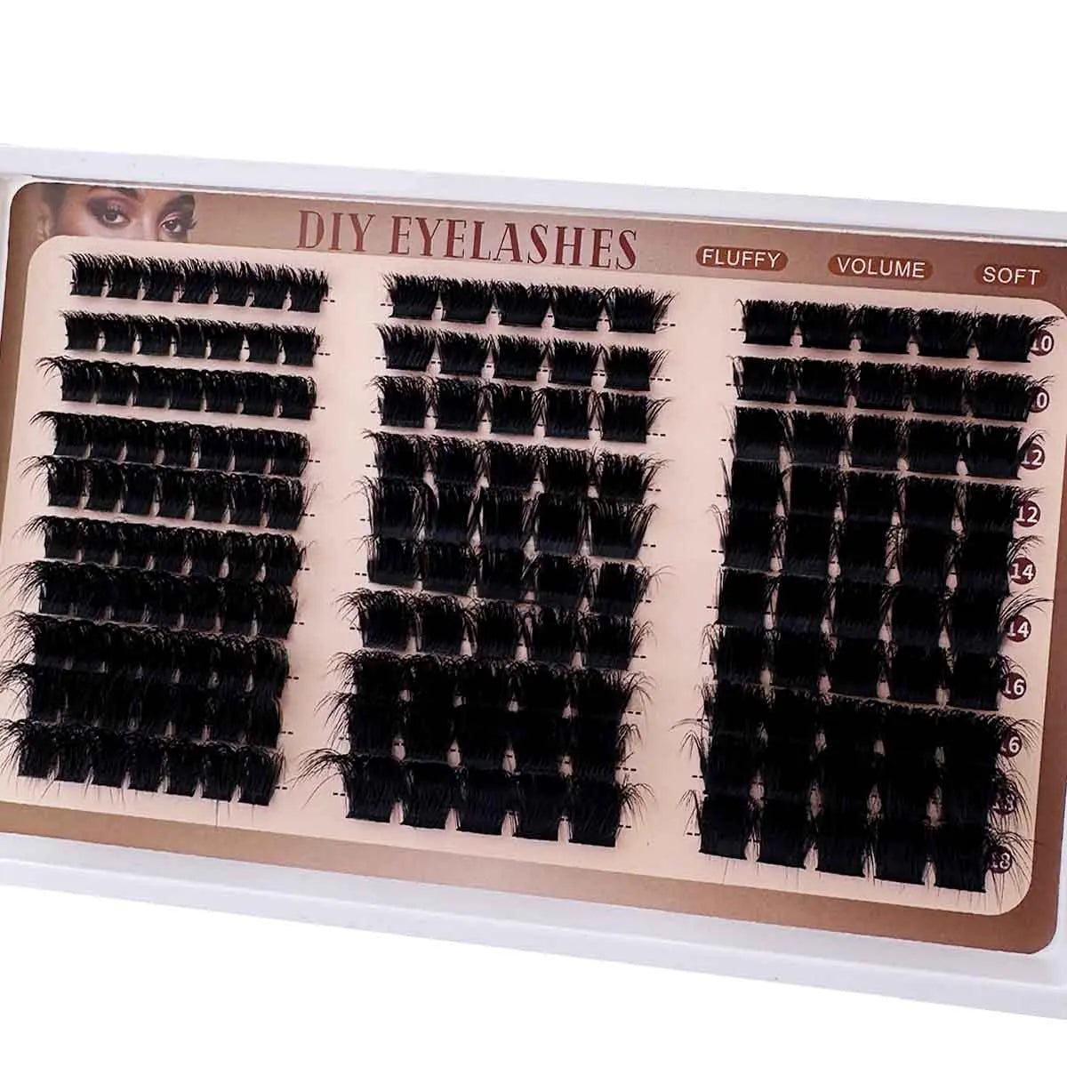 A display of DIY eyelash clusters for fluffy, volume, and soft styles.