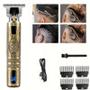 A professional electric hair clipper with a gold body and black blades, showing various haircut styles.