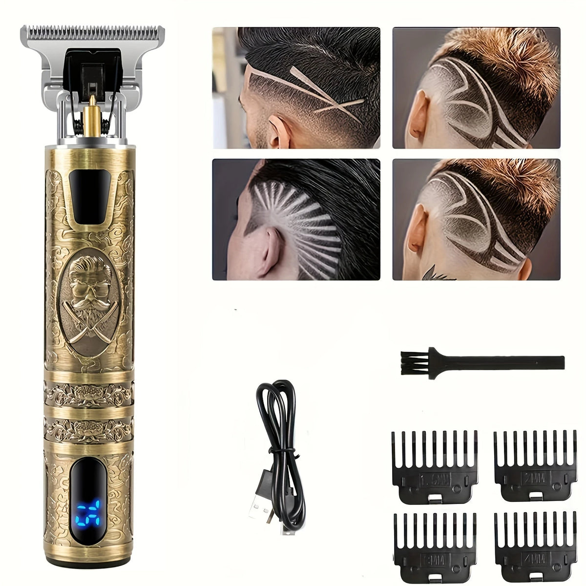 A professional electric hair clipper with a gold body and black blades, showing various haircut styles.