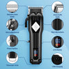 A black professional electric hair clipper and shaver set with various attachments shown on a light blue background.