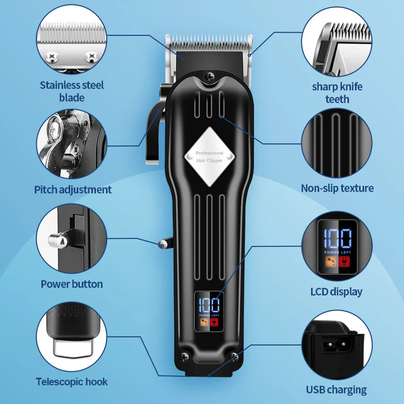 A black professional electric hair clipper and shaver set with various attachments shown on a light blue background.