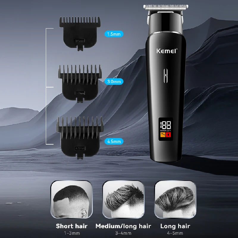 A black Kemel electric hair and beard trimmer shown with various guard attachments for short, medium, and long hair.