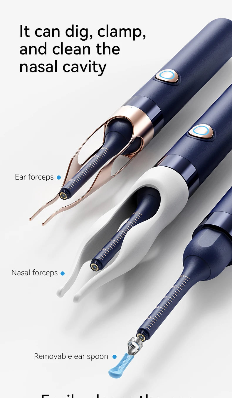 A close-up of a multi-functional nasal and ear forceps cleaning kit with various tips and a removable spoon.