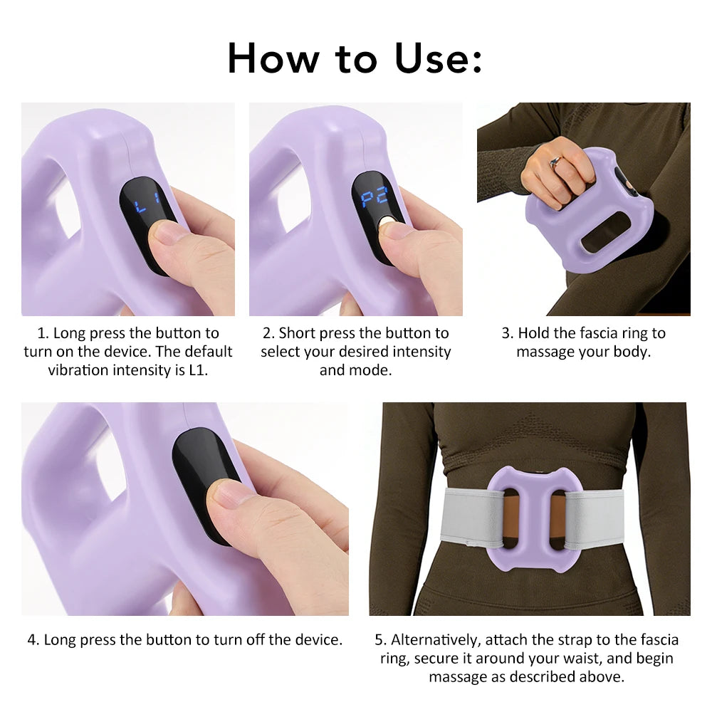Instructions for using an electric body vibration massager, showing how to turn it on and off.