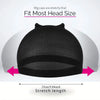 Black wig cap demonstrating stretch length for fitting most head sizes.