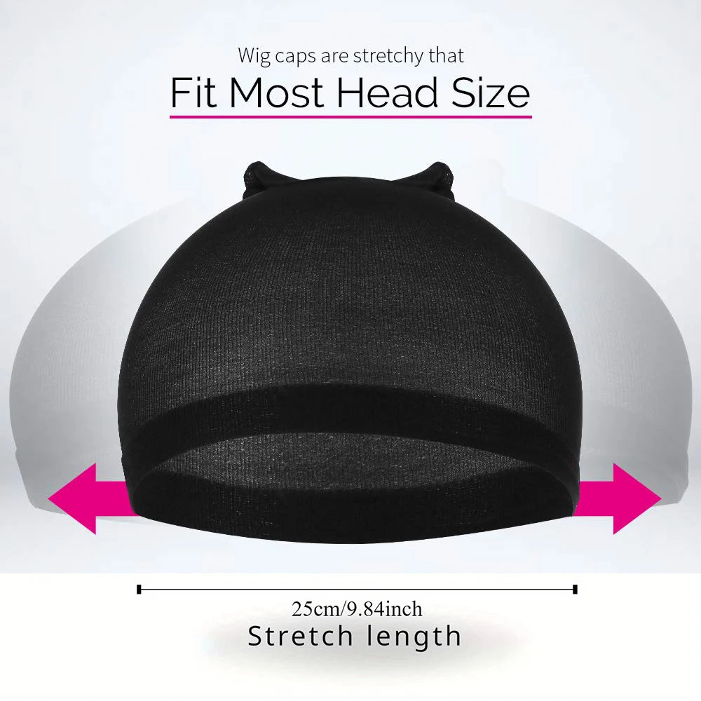 Black wig cap demonstrating stretch length for fitting most head sizes.