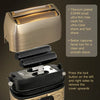 A close-up view of a titanium plated electric shaver with a black foil head and gold accents.