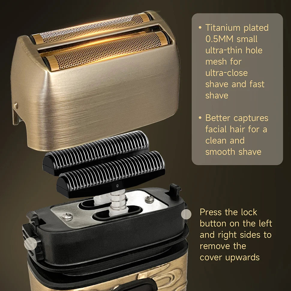 A close-up view of a titanium plated electric shaver with a black foil head and gold accents.