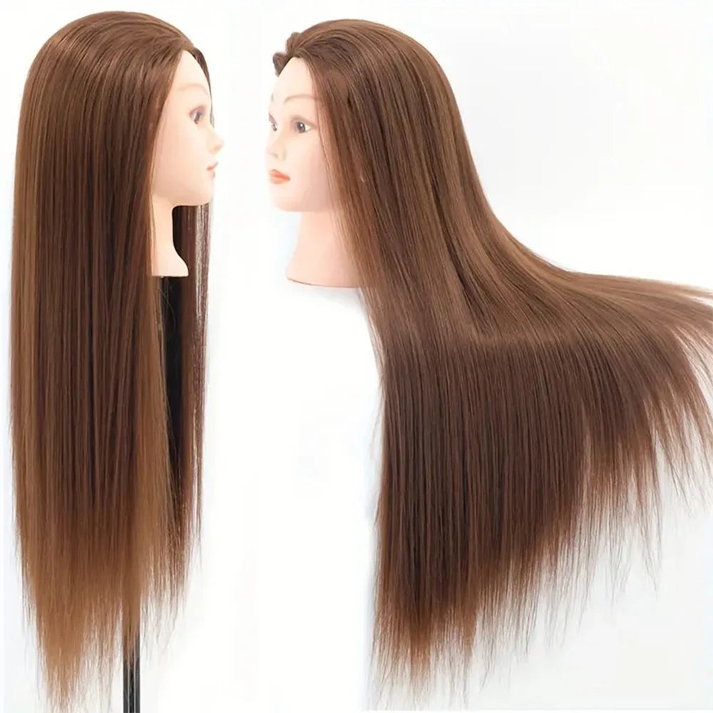 A pair of professional cosmetology mannequin heads displaying long, straight brown hair.