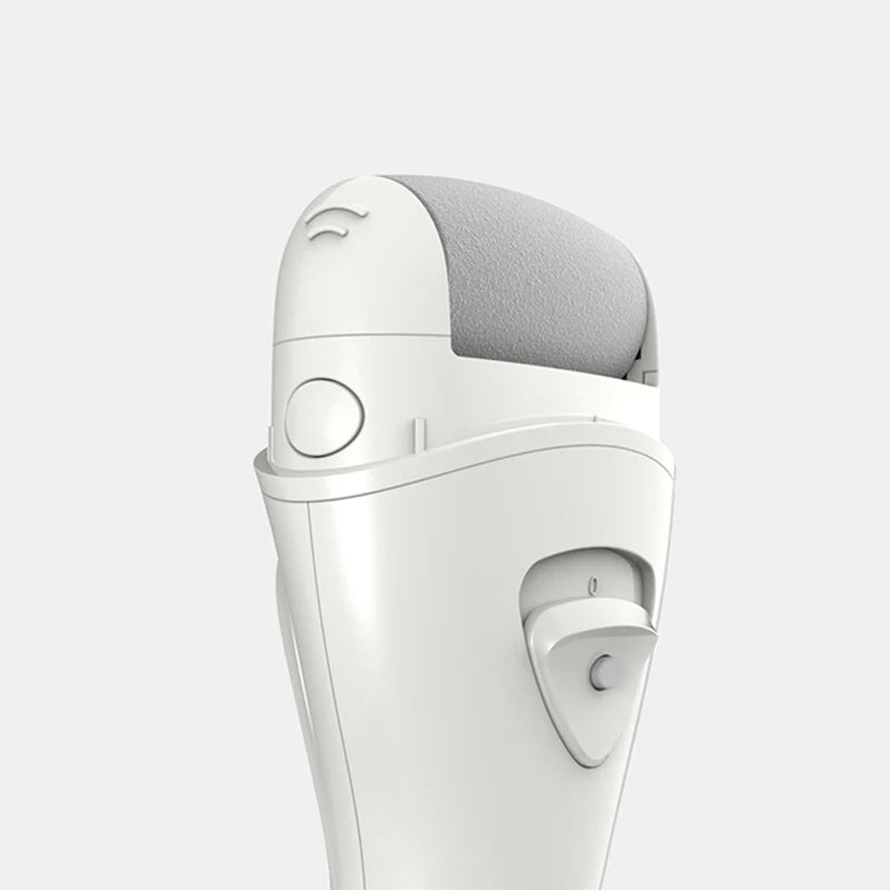 Un exfoliador y dispositivo de pie eléctrico blanco, visto de lado.