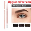 Gros plan d'un crayon à sourcils fin noir naturel sur un sourcil de femme.