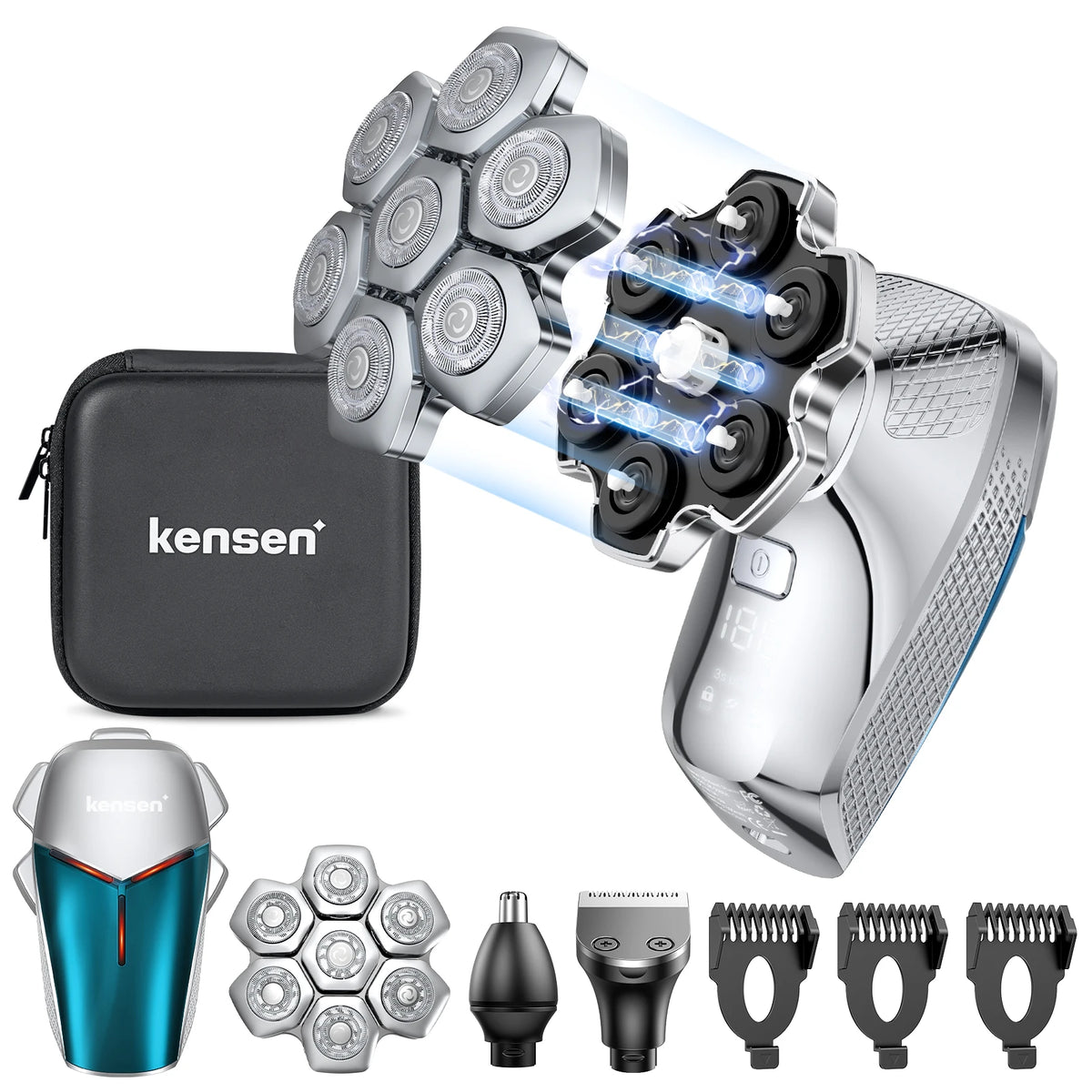 A set of KenSen electric head shavers including a main unit, accessories, and interchangeable combs.