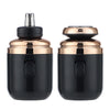 A black and rose gold portable electric shaver with a detachable shaving head.