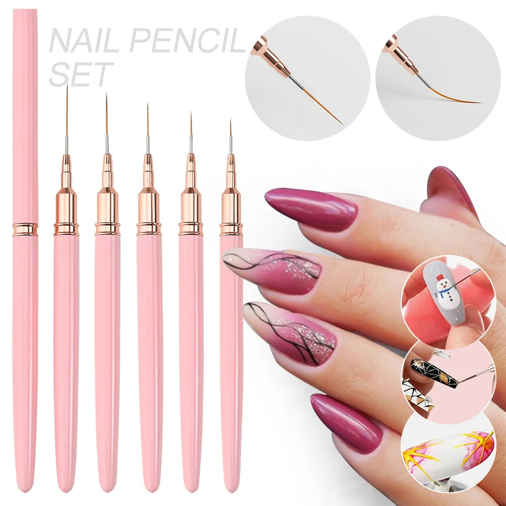 A set of pink nail pencil liners and brushes for detailed nail art application on fingers.